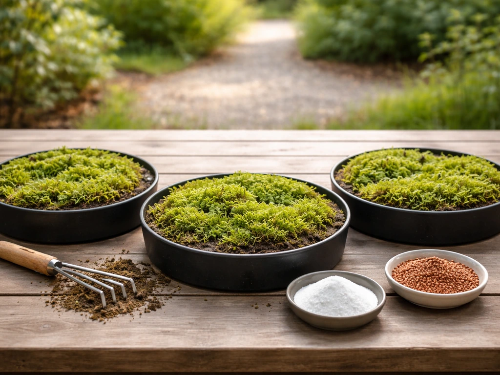 Trois bacs de jardin avec mousse : râteau, bicarbonate en poudre et granulés de sulfate de fer, photo réaliste.