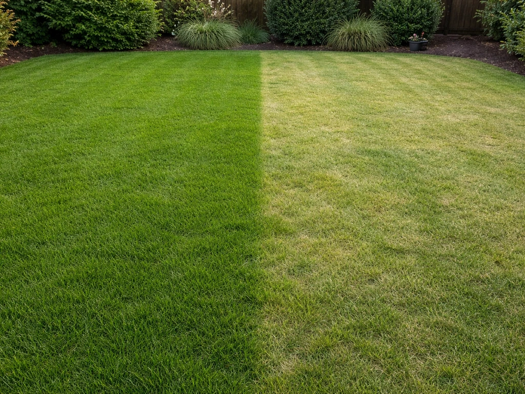 Pelouse verte divisée en deux sections, zone traitée nette et herbe saine avec bordure naturelle.