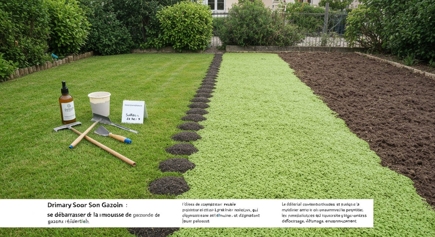 Pelouse partiellement envahie par la mousse : moitié gazon sain, moitié tapis de mousse, outils de jardin posés au premier plan.