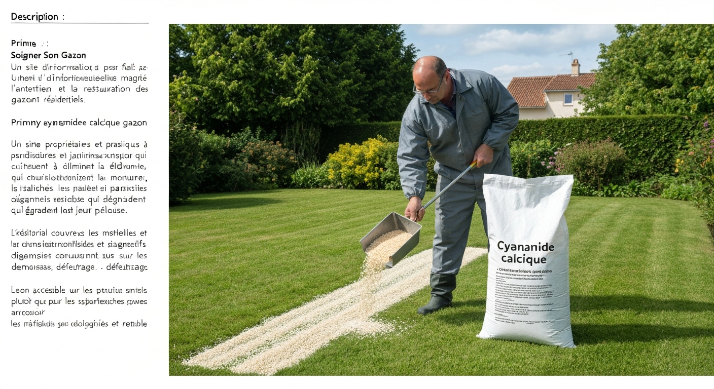 Jardinier en EPI épandant des granulés de cyanamide calcique sur une pelouse, sac étiqueté visible à côté