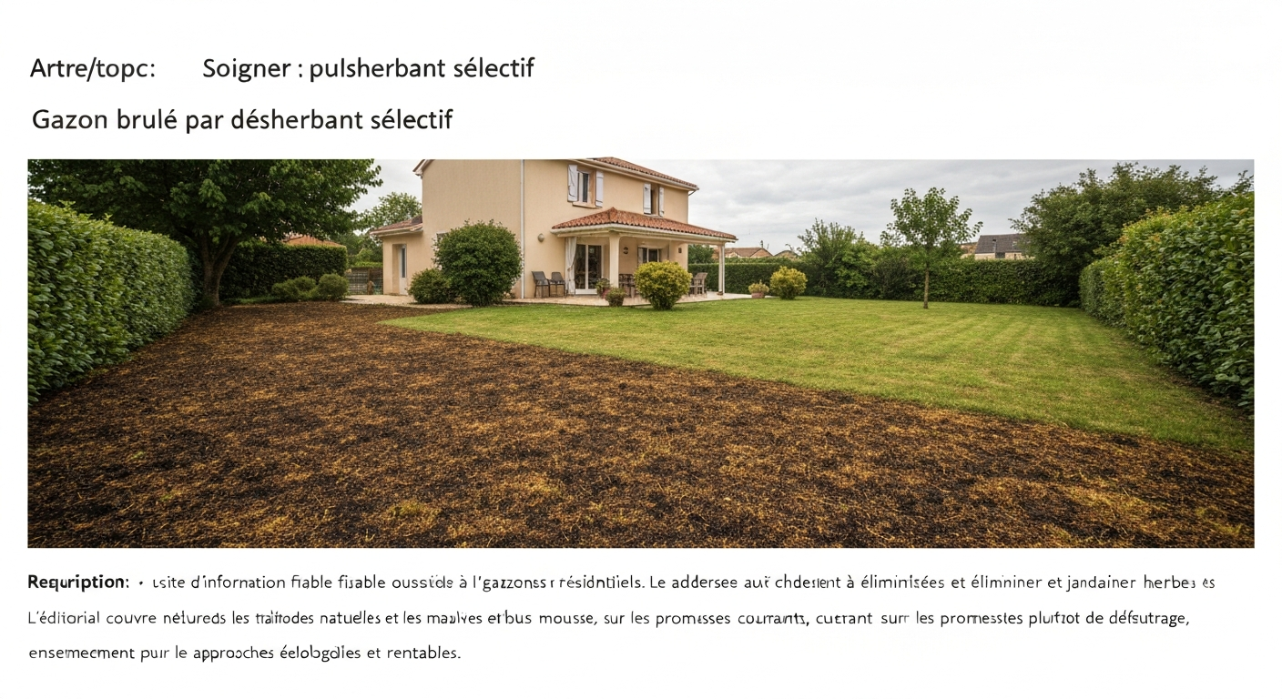 Pelouse résidentielle partiellement brûlée par un désherbant, avec zones jaunies et brunes clairement visibles.
