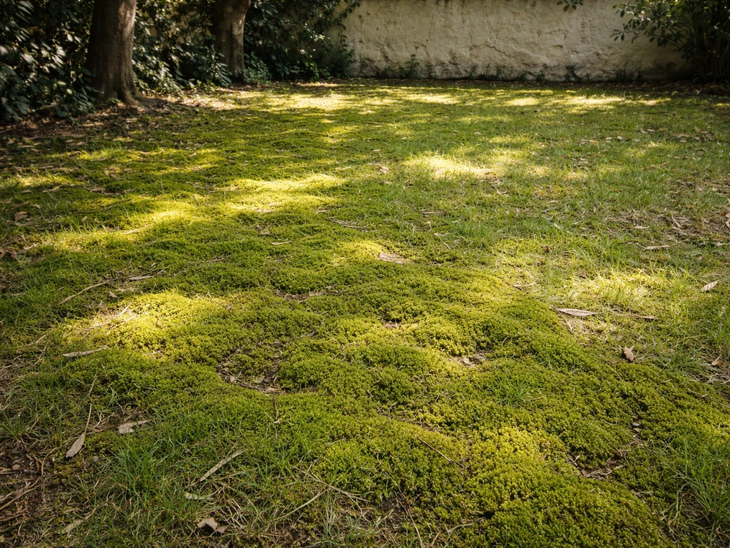 Pelouse ombragée envahie par la mousse, feutrage épais visible sous des arbres et près d’un mur.