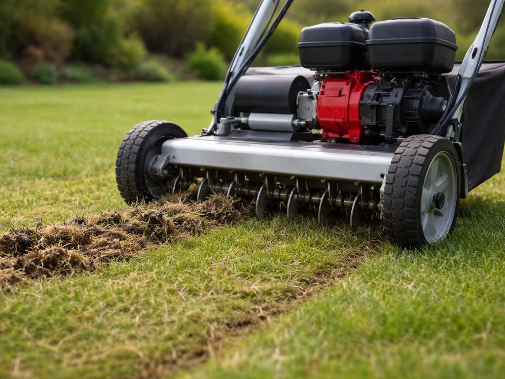 Scarificateur tiré sur un gazon, lames visibles retirant mousse et feutrage en profondeur contrôlée.