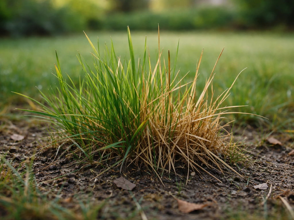 Touffe d’herbe de pelouse jaunissant puis séchant, montrant l’arrêt de la croissance.