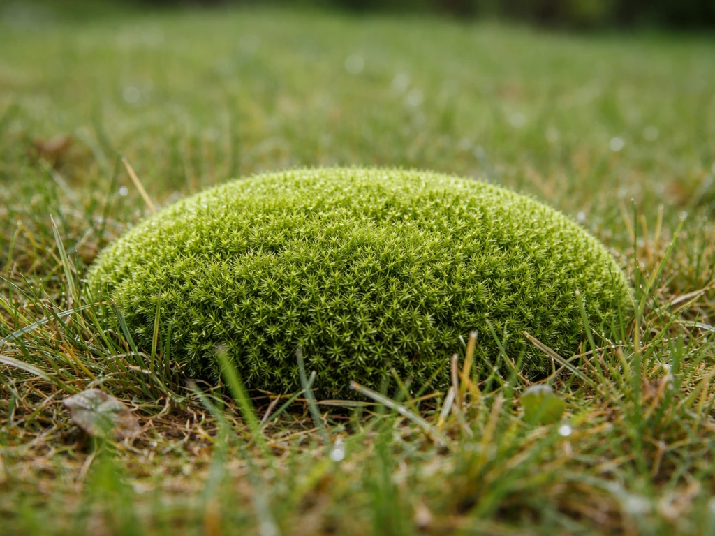 Gros plan d’une pelouse avec un coussinet de mousse vert spongieux entre les brins d’herbe.