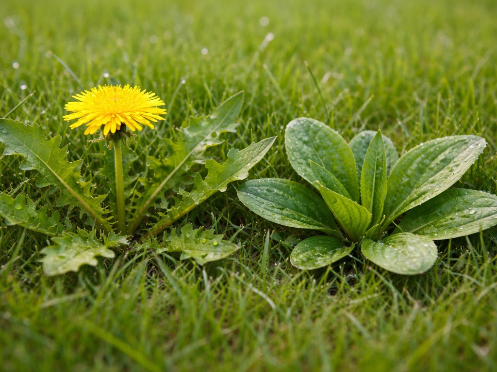 Gros plan sur des pissenlits dans une pelouse verte, pour aider à identifier les mauvaises herbes du gazon