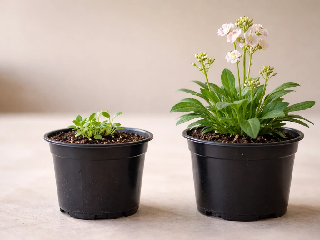 Graine en germination avec petite rosette et, à côté, une touffe vivace racinée avec fleurs.