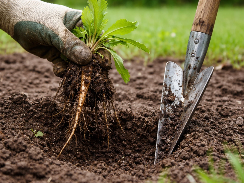 Main gantée et déplantoir en V arrachent une plante sur sol humide, pivot et motte visibles.