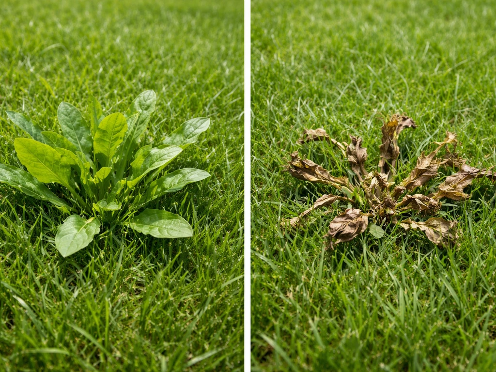 Pelouse avec graminées et quelques mauvaises herbes à feuilles larges, traitée au 2,4-D : effet avant/après.