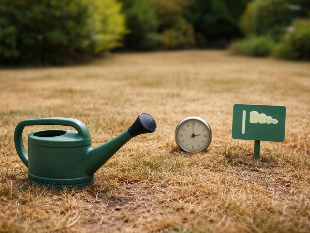 Pelouse sèche avec thermomètre posé au sol et panneau d’avertissement visuel, sans arroseur ni vent.