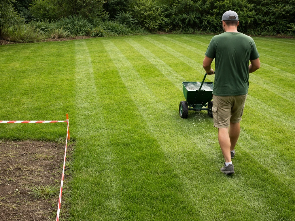 Pelouse verte traitée au sol, traces régulières et zones à éviter clairement délimitées avec ruban jardin.