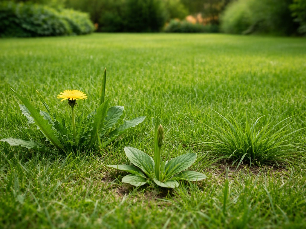 Pelouse bien entretenue avec pissenlit, plantain et chiendent visibles au premier plan, sans personne.