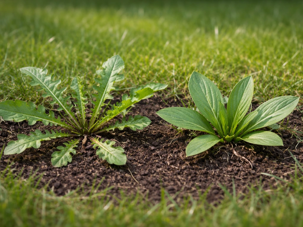 Pissenlit et plantain dans un gazon, rosettes et racines visibles, plan rapproché pour l’identification