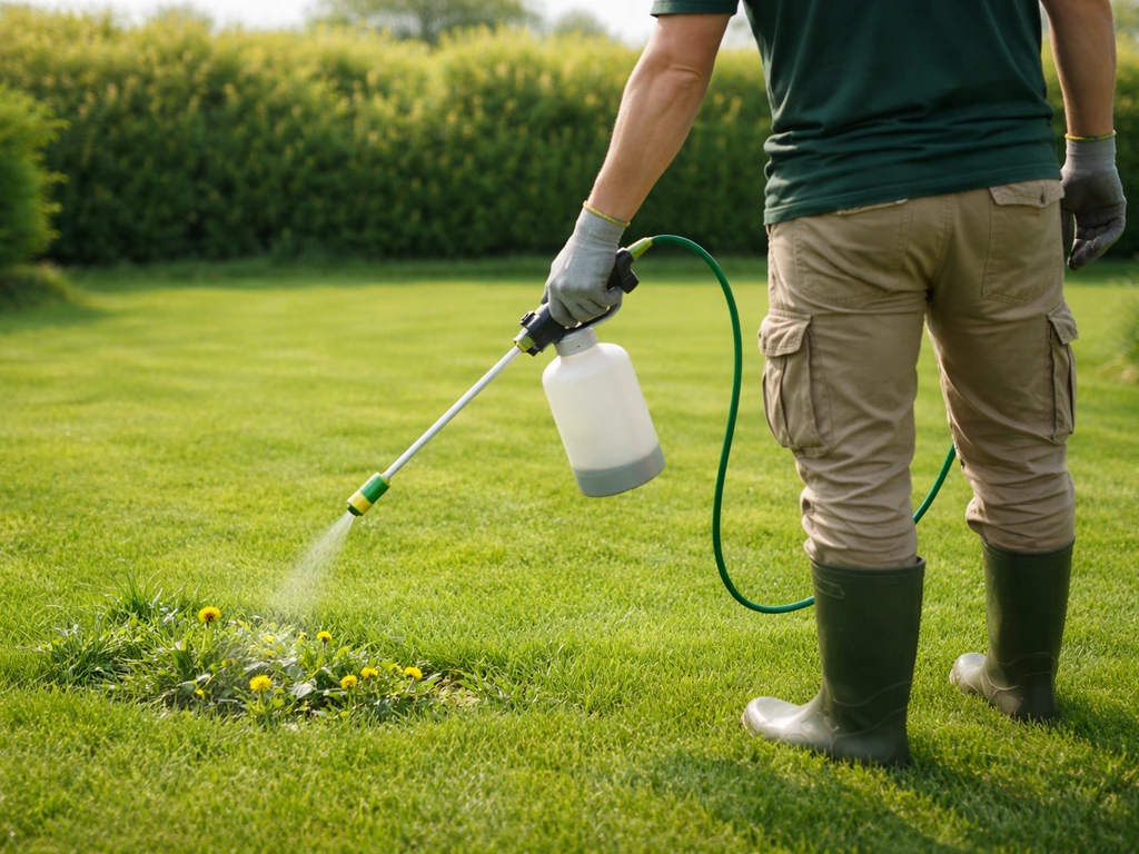 Pelouse de printemps avec mauvaises herbes, application localisée d’un désherbant sélectif par un jardinier anonyme.
