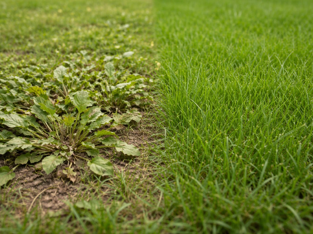 Pelouse divisée en deux : feuilles larges abîmées à gauche, graminées vertes épargnées à droite.
