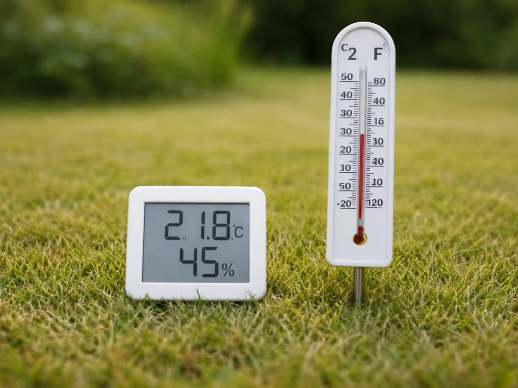 Thermomètre et thermo-hygromètre près d’une pelouse sèche, prêtes pour pulvérisation par temps stable.