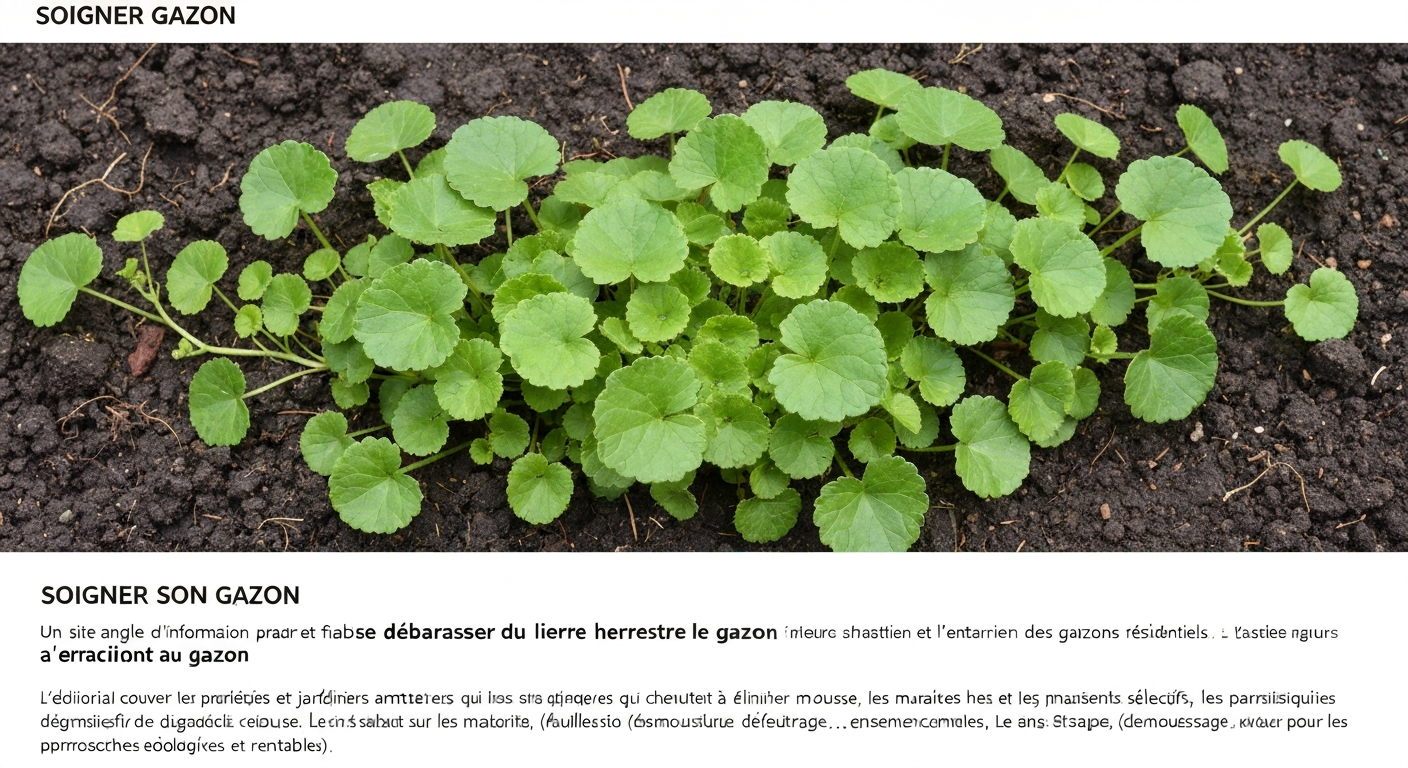 Gros plan du lierre terrestre dans un gazon : feuilles crénelées et stolons visibles