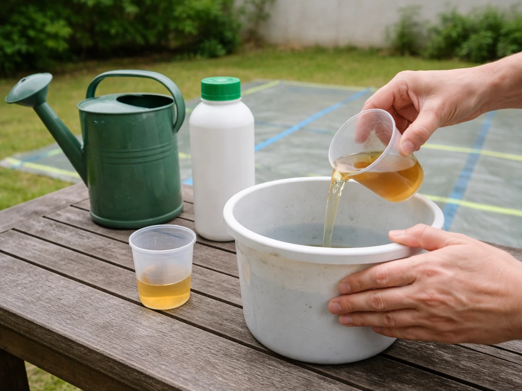 Mains anonymes versant un liquide de traitement dans un récipient, gobelet gradué et arrosoir sur une table dehors.