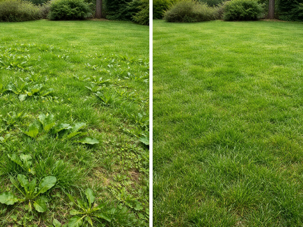 Avant/après côte à côte : pelouse envahie par des mauvaises herbes puis zones traitées plus nettes.