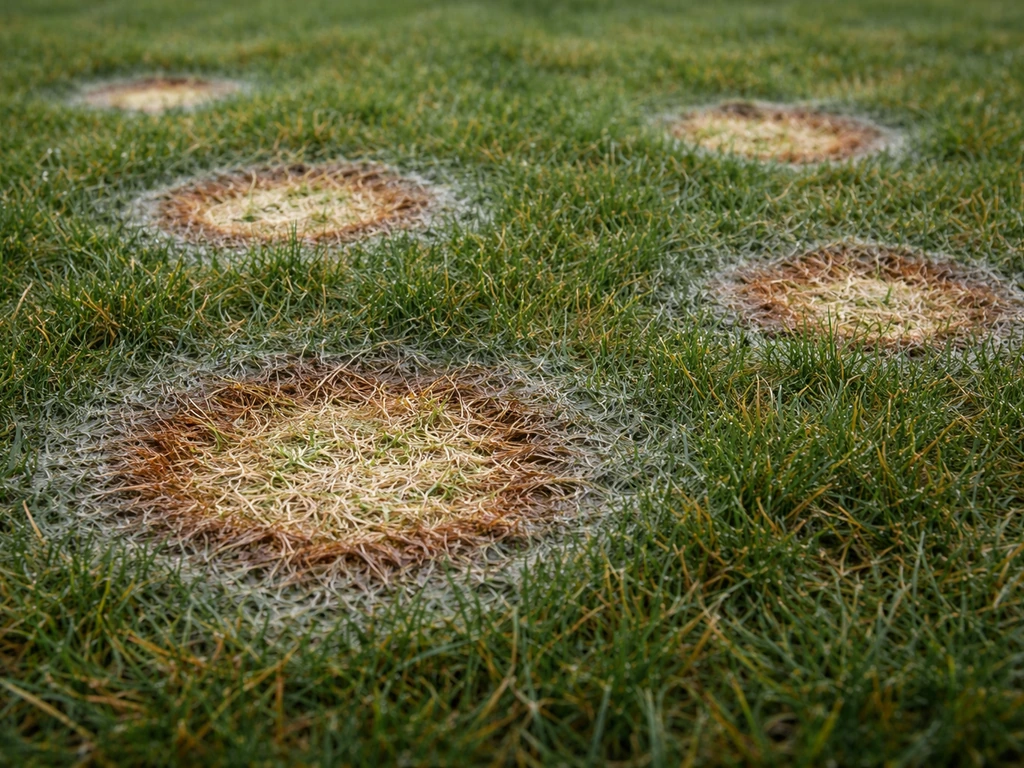 Macro d’herbe avec taches circulaires de fusariose froide, bleu-gris puis brun-rouge, centre beige/paille.