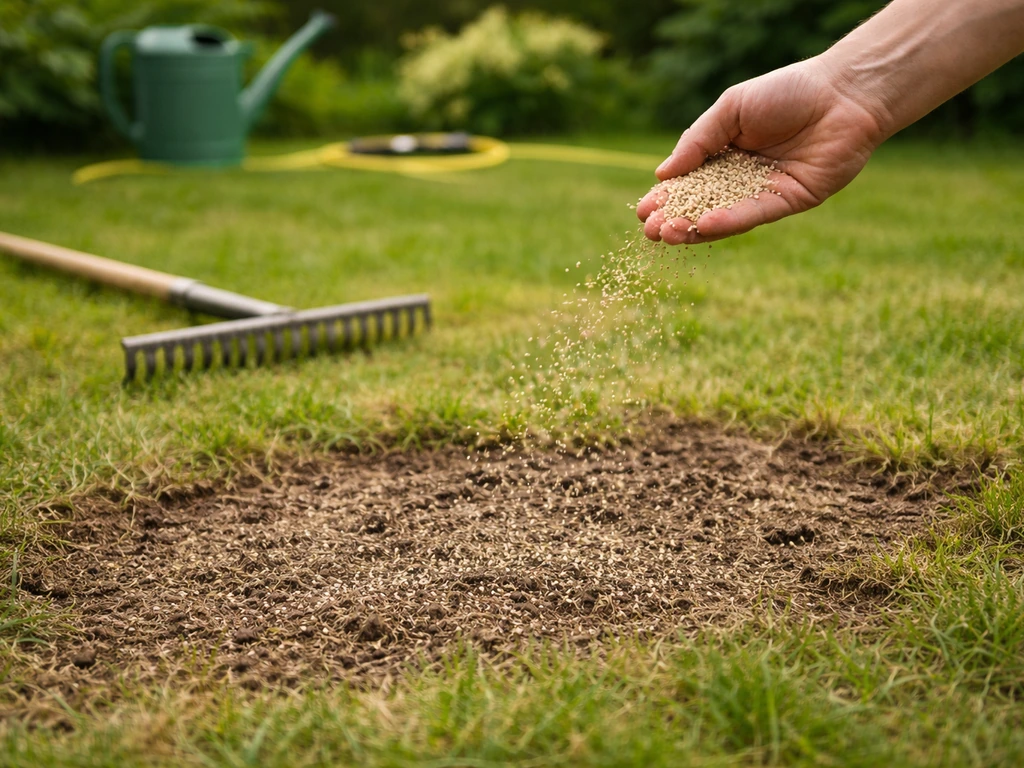 Main éparpillant des graines sur un carré de pelouse défeutrée, arrosoir prêt, vue jardin.