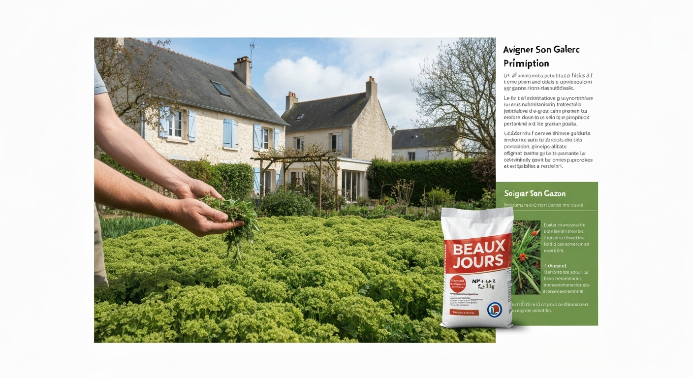 Pelouse saine au printemps avec personne épandant des semences et sac de semences 'Beaux Jours' posé à côté