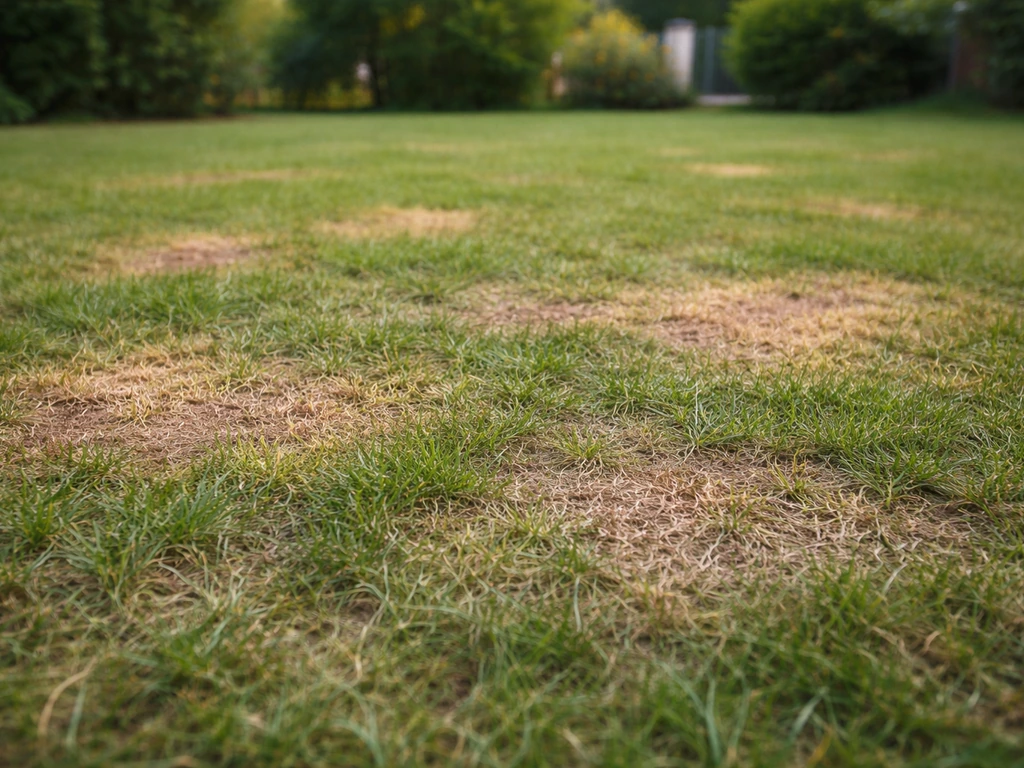 Pelouse de jardin française avec taches jaunâtres et brun-rosé, zones irrégulières à diagnostiquer.