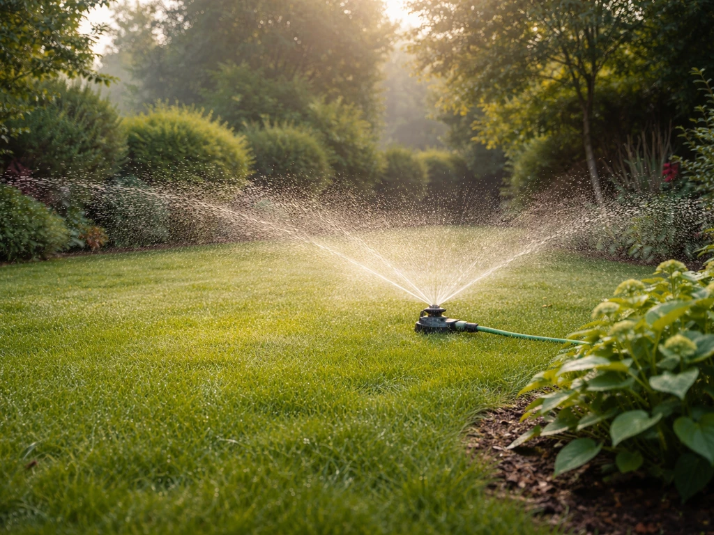 Arrosage matinal d’une pelouse par un arroseur, feuillage qui sèche sous la lumière du matin.