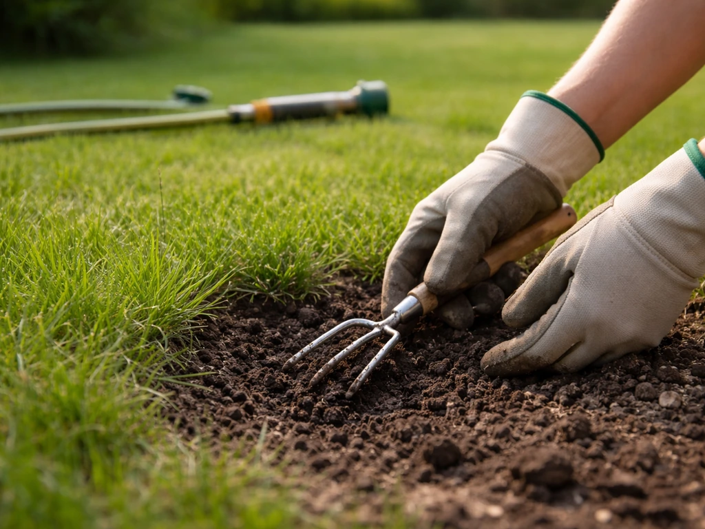 Mains gantées inspectant l’humidité du sol près d’une pelouse, tuyau et arroseur éteints en arrière-plan.