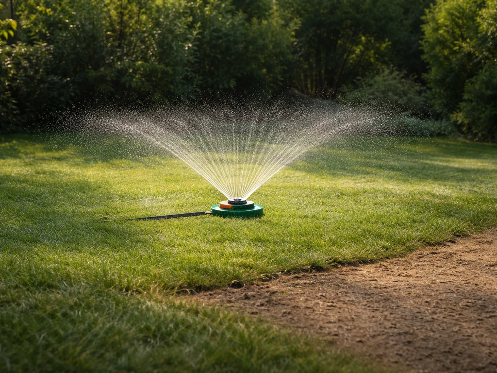 Arroseur de jardin en fonctionnement tôt le matin, sol humide puis zones sèches entre deux arrosages