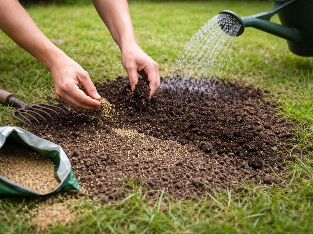 Jardinier arrose et regarnit une zone de gazon avec de la terre et de la semence, après stabilisation.