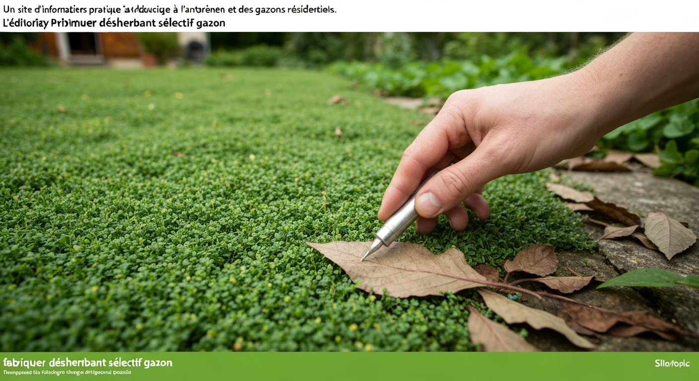 Main gantée appliquant du vinaigre horticole au pinceau sur un pissenlit en bordure d'une pelouse verte, contraste entre herbe saine et mauvaise herbe brunie.
