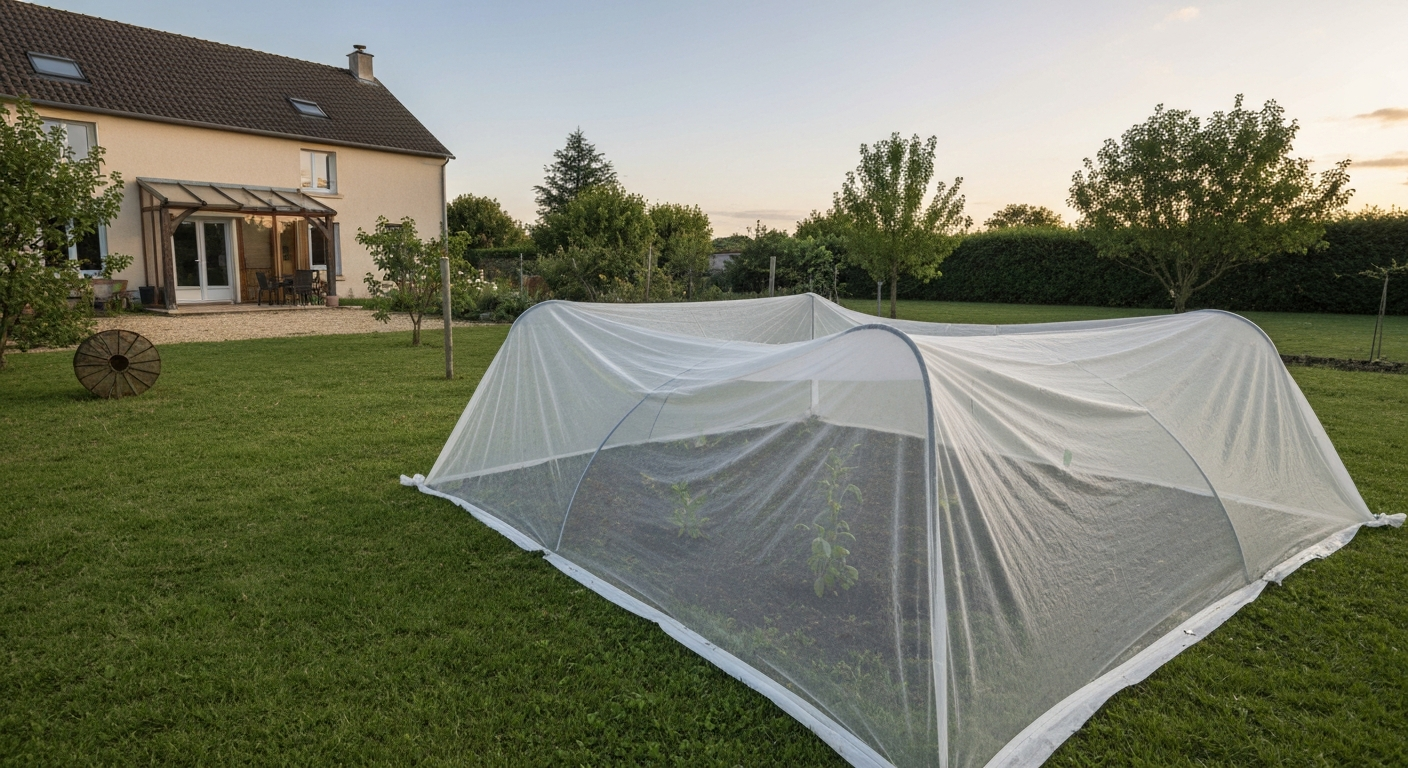 Voile de forçage posé sur un semis de gazon, rouleau et râteau à côté, oiseaux s'envolant en arrière-plan