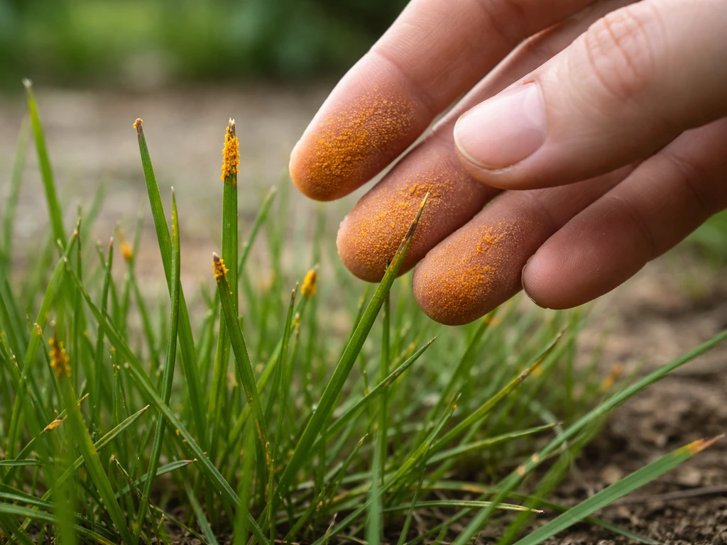 Gros plan de brins de gazon avec poudre orange-rouille sur des doigts après les avoir touchés.