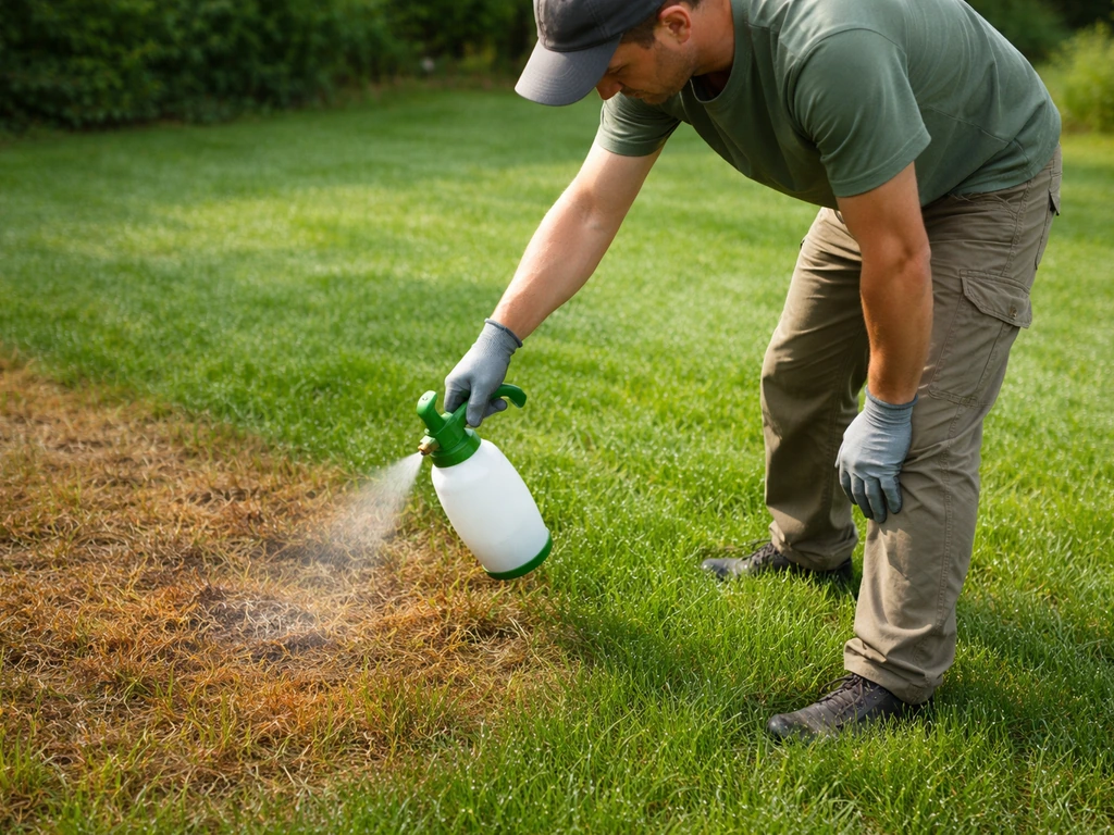 Jardinier pulvérisant un fongicide sur un gazon rouillé, zone malade bien visible près de l’herbe saine.