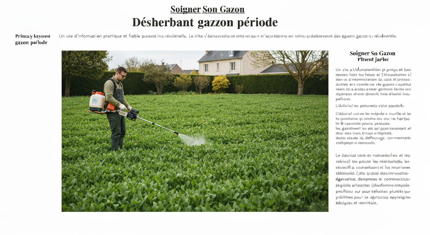 Pelouse printanière en France avec pissenlits et jardinier traitant localement en tenue de protection