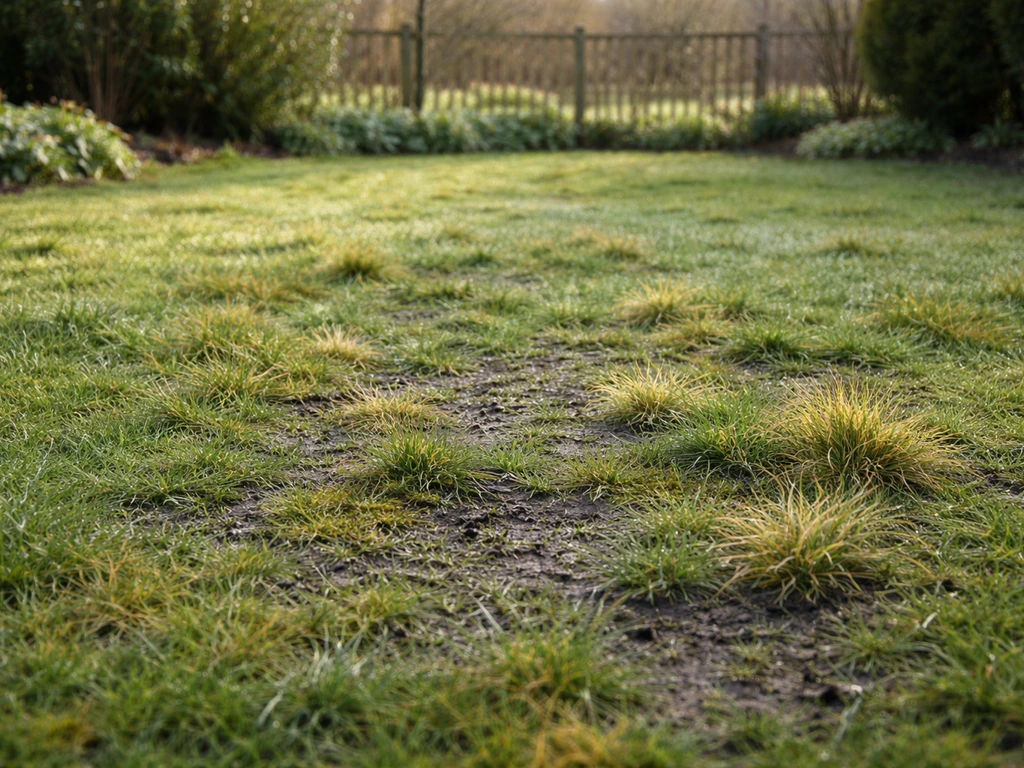 Pelouse de jardin avec mousse visible et brins jaunissants, sol légèrement dégagé entre les zones.