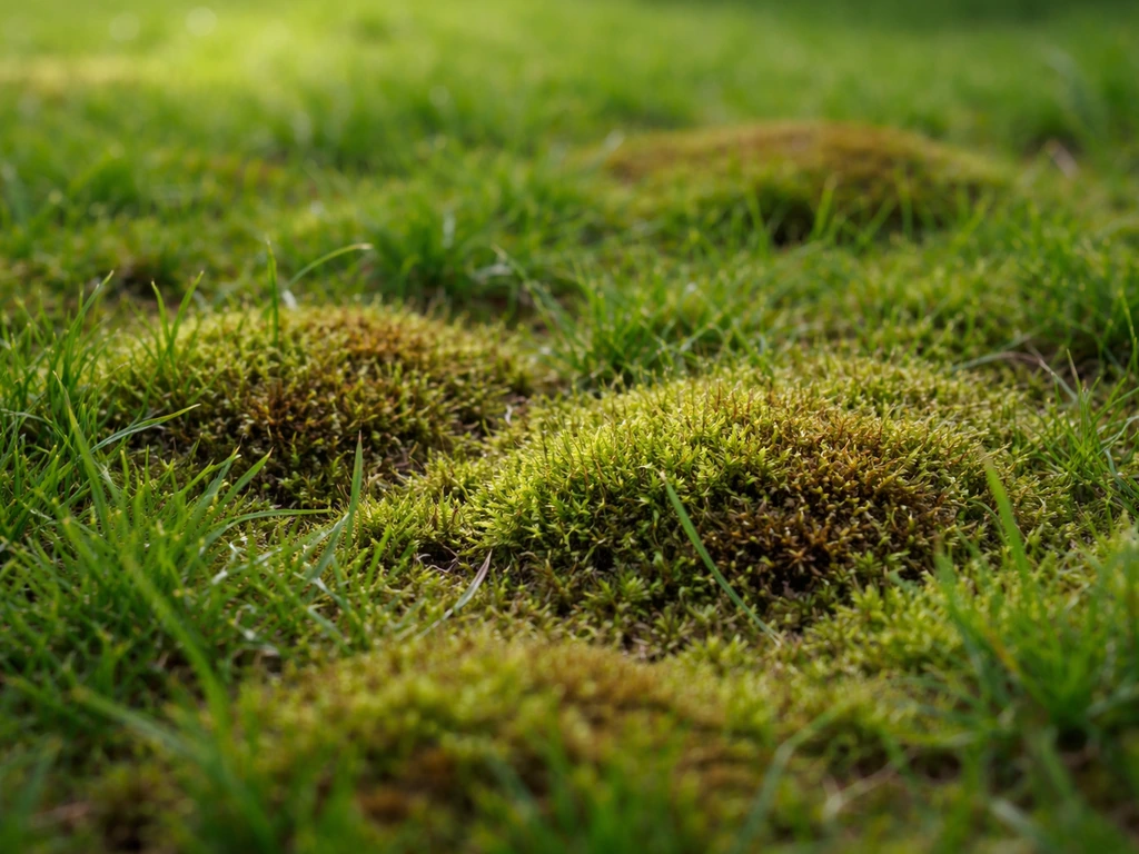 Gros plan sur des coussins de mousse verte et brune entre les brins d’herbe, remplaçant la pelouse.
