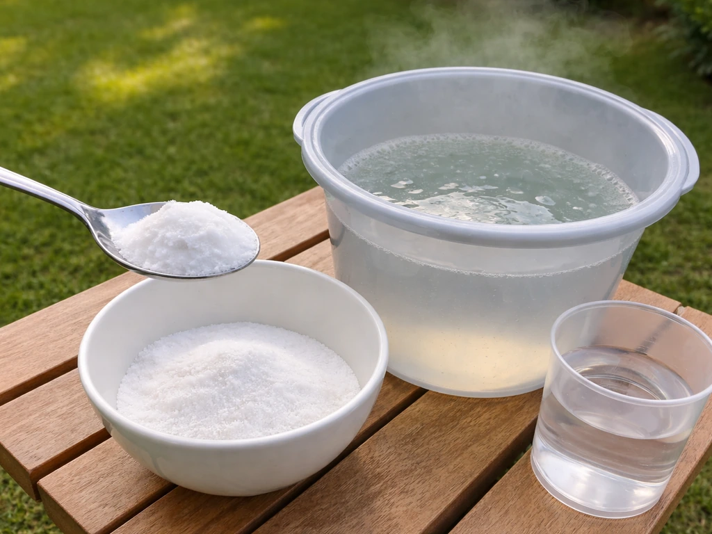 Bol de bicarbonate de soude et seau d’eau tiède pour illustrer le dosage sur pelouse